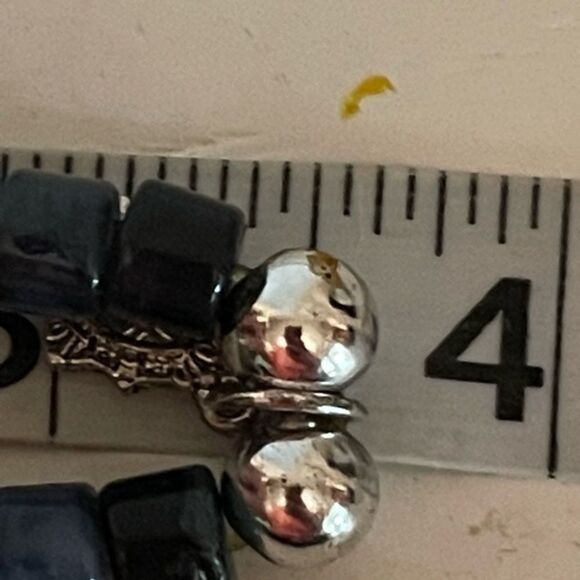 Blue, gray, white, & black beaded First Communion stretch bracelet w/charm - Picture 7 of 8